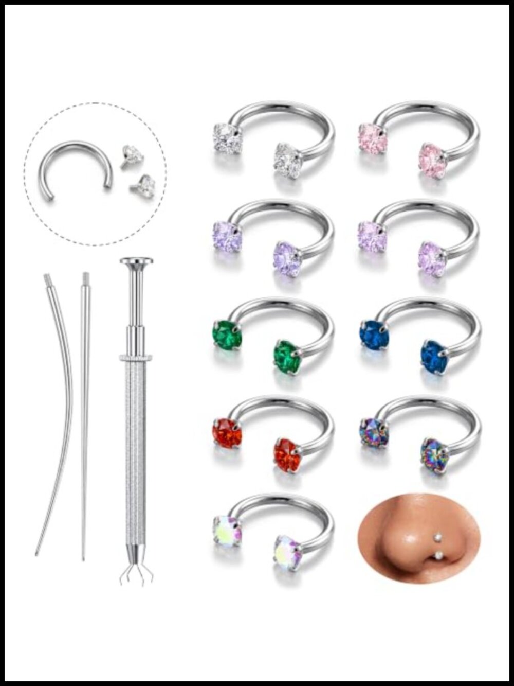 9Pc Horseshoe Nose Ring Set Surgical Steel 20G Septum Hoop Lip Ring CZ